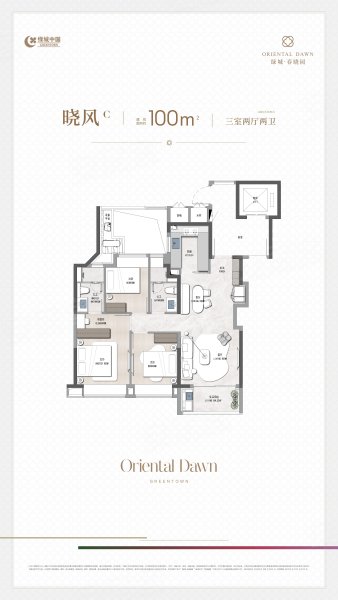 绿城·春晓园100平晓风C户型，绿城·春晓园3室2厅2卫1厨约100.00平米户型图，朝南朝向 - 上海安居客