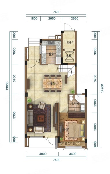 雅居乐御宾府1-3栋B户型,雅居乐御宾府别墅约131.00平米户型图,朝南朝向 - 惠州安居客