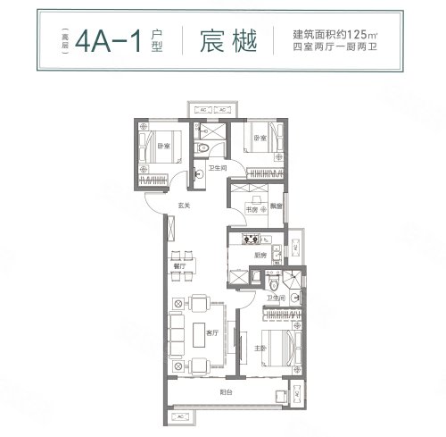 金地和樾春晓4A1户型，金地和樾春晓4室2厅2卫1厨约125.00平米户型图，朝南朝向 - 郑州安居客