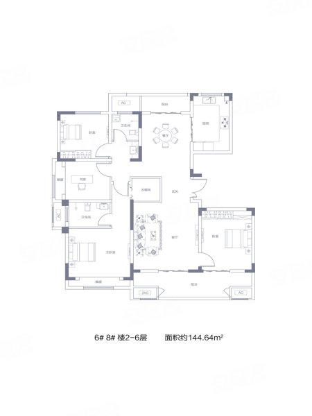 蓝城蘭园6#，8#户型，蓝城蘭园4室2厅2卫1厨约144.64平米户型图，朝南朝向 - 洛阳安居客