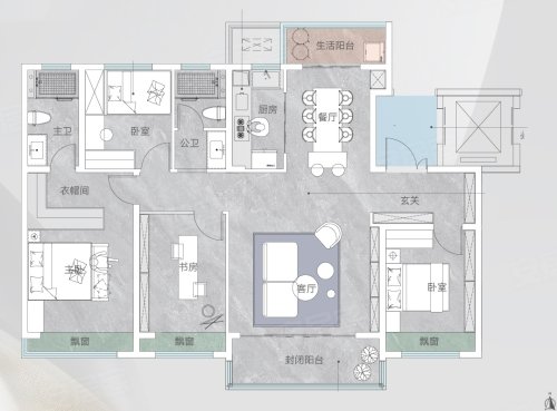 中冠宸院F1云舒院，中冠宸院4室2厅2卫1厨约146.00平米户型图，朝南北朝向 - 商丘安居客