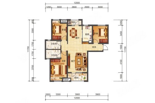 金地自在城高层3D户型,金地自在城3室2厅2卫1厨约118.00平米户型图,朝南朝向 - 长沙安居客
