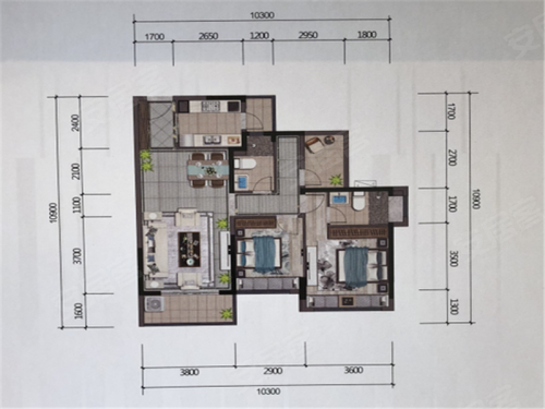 龙光玖龙府A户型,龙光玖龙府2室2厅2卫1厨约98.00平米户型图,朝南朝向 - 河源安居客