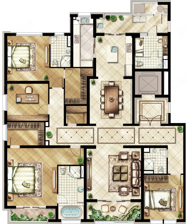 上海楼盘 闵行楼盘 古美罗阳楼盘 万源城御璄 户型信息 d1户型: 5室2
