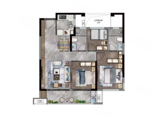 建发和鸣A户型和颂,建发和鸣3室2厅2卫1厨约89.00平米户型图,朝南朝向 - 龙岩安居客