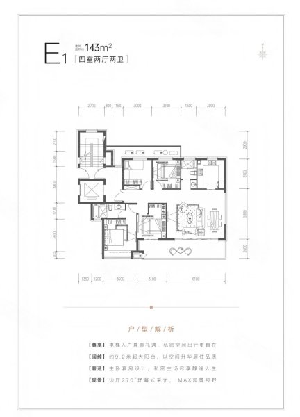 绿城·桂语听澜E1户型，绿城·桂语听澜4室2厅2卫1厨约143.00平米户型图，朝南北朝向 - 定州安居客