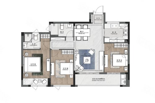 和雅居C1户型,和雅居3室2厅2卫1厨约105.00平米户型图,朝南朝向 - 台州安居客