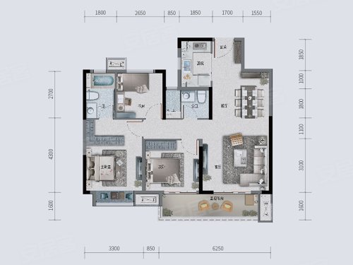 交投金科府御玺B户型,交投金科府3室2厅2卫1厨约106.00平米户型图,朝南北朝向 - 随州安居客