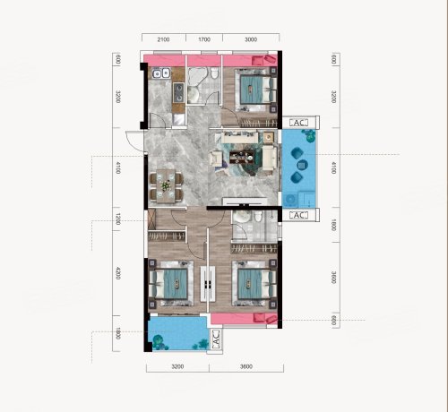 帝景天成C户型，帝景天成3室2厅2卫1厨约118.00平米户型图，朝南北朝向 - 黄冈安居客