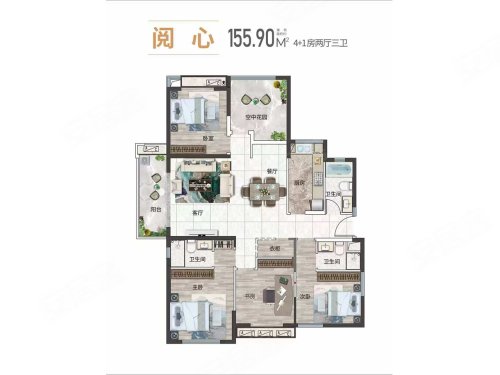 明发阅江悦府三期阅心,明发阅江悦府三期4室2厅3卫1厨约155.90平米户型图,朝南朝向 - 长沙安居客