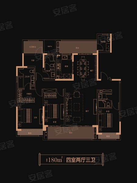 雅居乐铂爵郡180㎡户型,雅居乐铂爵郡4室2厅3卫1厨约180.00平米户型图,朝南朝向 - 许昌安居客