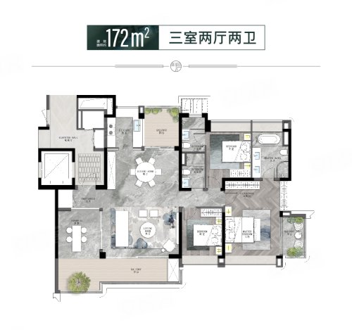 保利天珺约175平户型,保利天珺3室2厅2卫1厨约175.00平米户型图,朝南朝向 - 东莞安居客