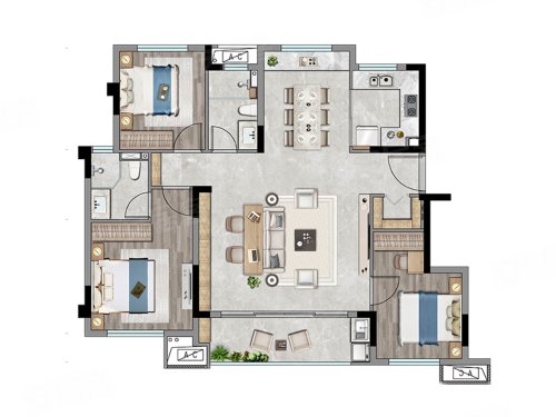 建发央玺B1户型，建发央玺4室2厅2卫1厨约105.00平米户型图，朝南朝向 - 龙岩安居客