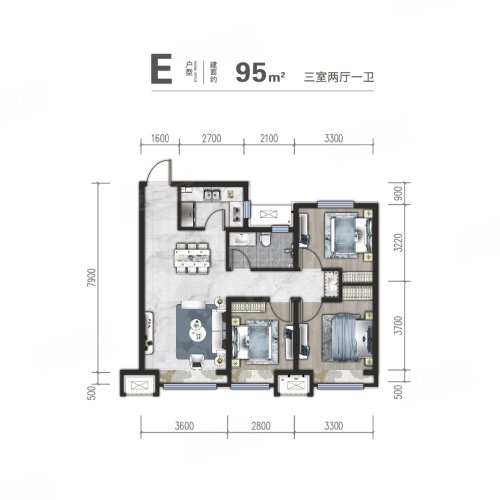 玺悦台E户型95平米,玺悦台3室2厅1卫1厨约95.00平米户型图,朝南北朝向 - 秦皇岛安居客