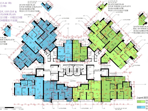 晉海第1座（1A及1B）
3樓、5樓至12樓、15樓至23樓及25樓至28樓樓面平面圖