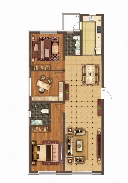金岸国际C户型，金岸国际3室2厅2卫1厨约153.00平米户型图，朝南北朝向 - 吉林安居客