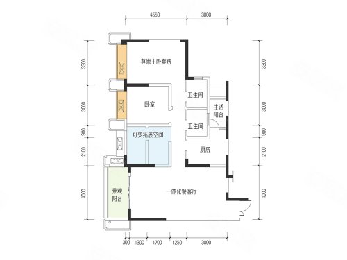 V时代A3户型套内约89,V时代3室2厅2卫1厨约111.00平米户型图,朝南朝向 - 重庆安居客