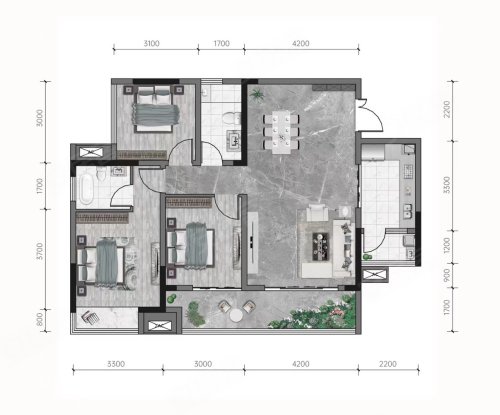 金龙御府C户型,金龙御府3室2厅2卫1厨约103.94平米户型图,朝南朝向 - 重庆安居客