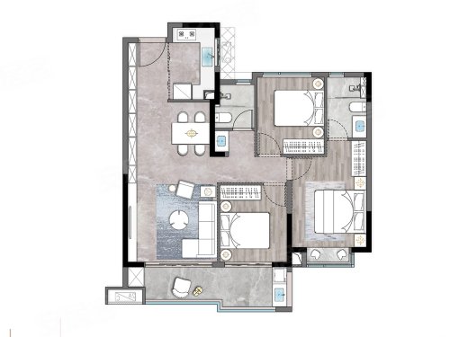 建发缦云B1户型，建发缦云3室2厅2卫1厨约105.00平米户型图，朝南朝向 - 漳州安居客