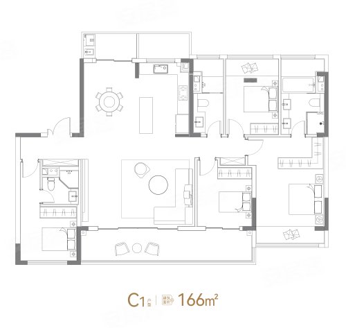 中建熙辰上院C1户型,中建熙辰上院4室2厅3卫1厨约166.00平米户型图,朝南朝向 - 苏州安居客