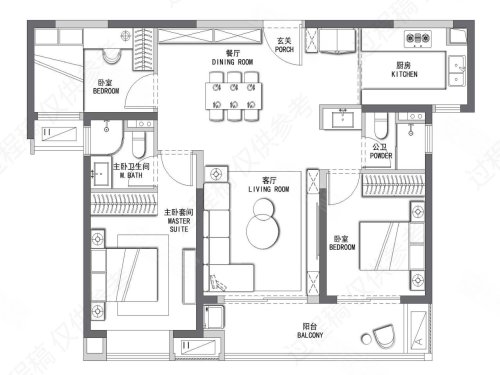 国贸天琴樾琴逸，国贸天琴樾3室2厅2卫1厨约107.00平米户型图，朝南朝向 - 泉州安居客