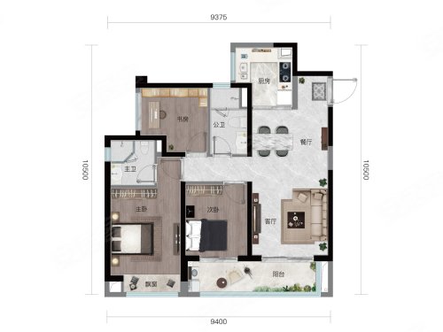 绿城诚园B户型,绿城诚园3室2厅2卫1厨约100.00平米户型图,朝南朝向 - 昆明安居客