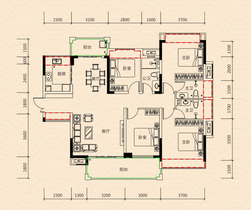 4室2厅3卫 143m05关联户型:芹洋观邸新推159㎡4室,143.