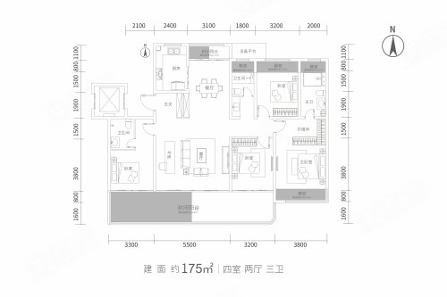恒基上承175户型,恒基上承4室2厅3卫1厨约175.00平米户型图,朝南北朝向 - 濮阳安居客