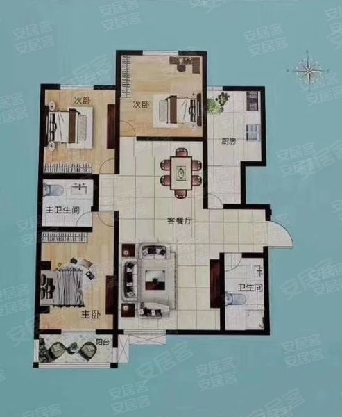 福源家园C-户型,福源家园3室2厅2卫1厨约116.11平米户型图,朝东朝向 - 庆阳安居客