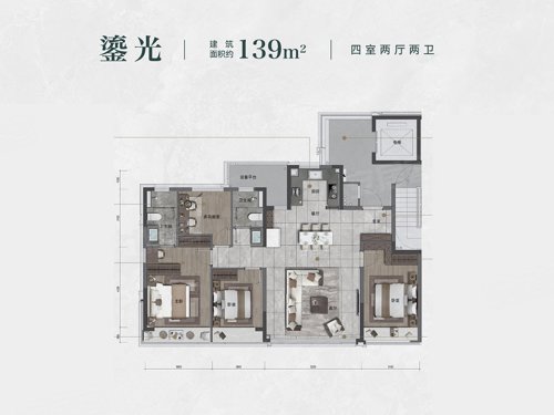 龙湖亚伦怡康·滨颂御湖境139方户型,龙湖亚伦怡康·滨颂御湖境4室2厅2卫1厨约139.00平米户型图,朝南朝向 - 杭州安居客