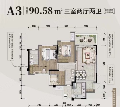 邦泰云璟A3,邦泰云璟3室3厅2卫1厨约90.58平米户型图,朝南朝向 - 广安安居客
