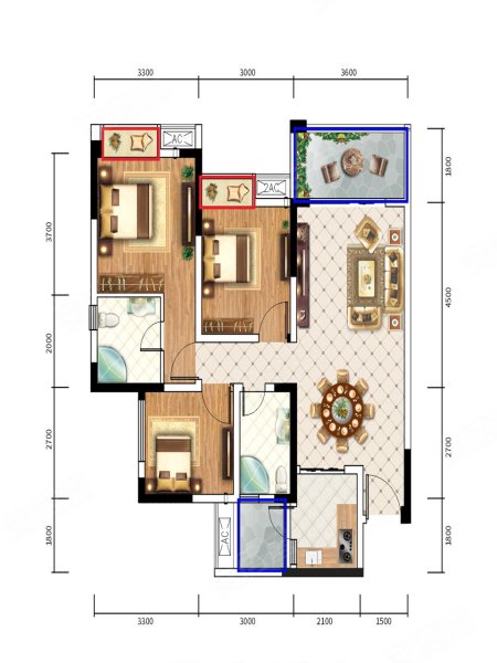 御景华庭A户型,御景华庭3室2厅2卫1厨约98.29平米户型图,朝南朝向 - 成都安居客