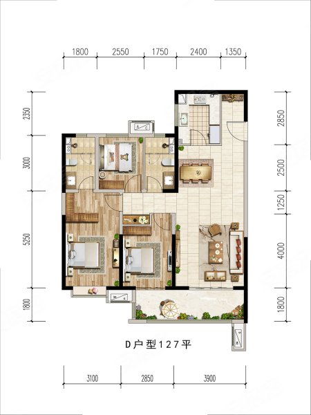 中铁诺德逸宸云著D户型，中铁诺德逸宸云著3室2厅2卫1厨约127.00平米户型图，朝南朝向 - 太原安居客