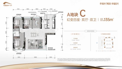 幸福桥TOD幸福拾光A地块C户型,幸福桥TOD幸福拾光4室2厅2卫0厨约135.00平米户型图,朝东朝向 - 成都安居客