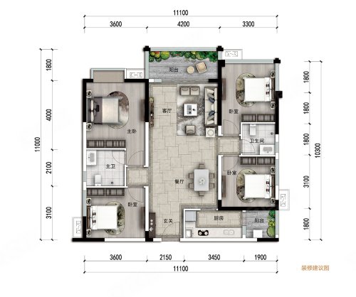 珑山樾C1户型,珑山樾4室2厅2卫1厨约132.00平米户型图,朝南朝向 - 成都安居客