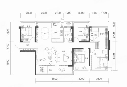 轨道云著云逸B3户型，轨道云著4室2厅2卫1厨约128.00平米户型图，朝北朝向 - 南宁安居客