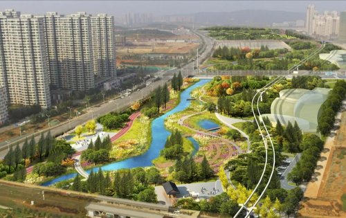 光谷正荣府旁城市空轨下的豹子溪十里生态廊道美如画卷