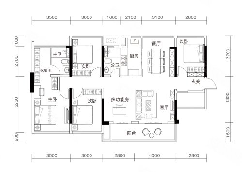 轨道云著云澜E户型,轨道云著4室2厅2卫1厨约128.00平米户型图,朝南北朝向 - 南宁安居客