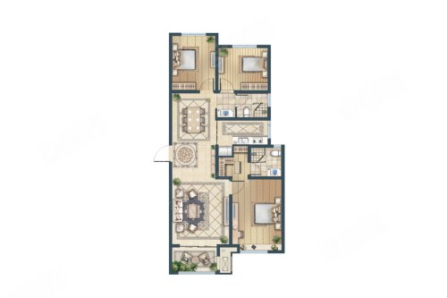 金苑·御京府B1户型，金苑·御京府3室2厅2卫1厨约131.78平米户型图，朝南北朝向 - 衡水安居客