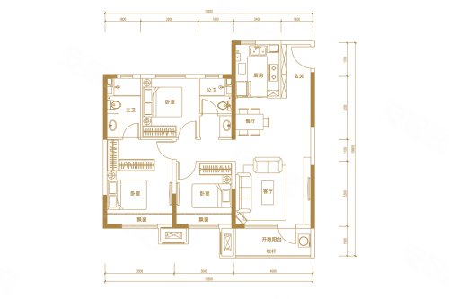 中恒·好运城C1户型,中恒·好运城3室2厅2卫1厨约115.00平米户型图,朝南朝向 - 运城安居客