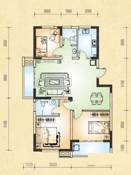 紫云府一期B3户型,紫云府3室2厅2卫1厨约104.00平米户型图,朝南北朝向 - 临沂安居客