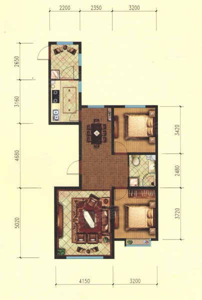 中国铁建景晟开元B4户型,中国铁建景晟开元2室2厅1卫1厨约103.00平米户型图,朝南北朝向 - 包头安居客