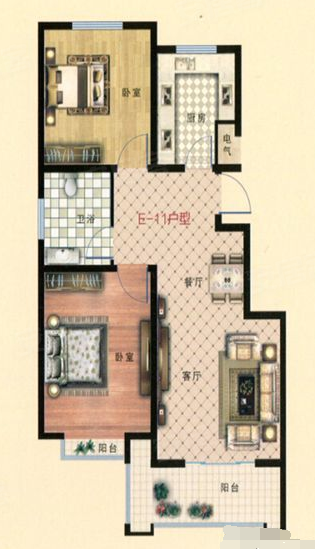 文庭雅苑E户型，文庭雅苑2室2厅1卫1厨约88.47平米户型图，朝南朝向 - 济宁安居客
