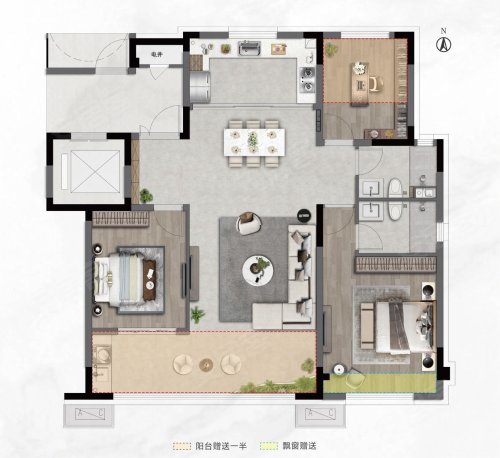 中海寰宇时代A户型,中海寰宇时代3室2厅2卫1厨约123.00平米户型图,朝南北朝向 - 吉林安居客