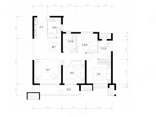 高科·轩阅里103平户型，高科·轩阅里3室2厅2卫1厨约103.00平米户型图，朝南朝向 - 西安安居客