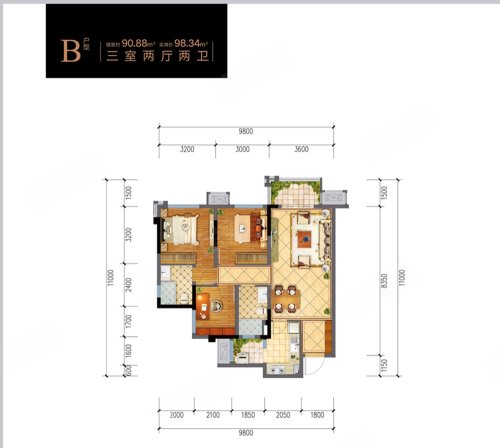 金科集美学府B户型,金科集美学府3室2厅2卫1厨约90.88平米户型图,朝南朝向 - 雅安安居客