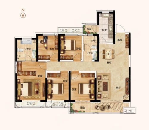 瀚宇天悦城E户型,瀚宇天悦城5室2厅2卫1厨约168.03平米户型图,朝南朝向 - 郑州安居客