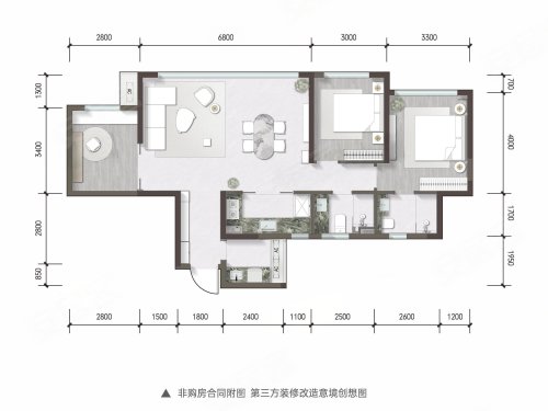 湔投云璟D户型，湔投云璟3室2厅2卫1厨约89.00平米户型图，朝南朝向 - 成都安居客
