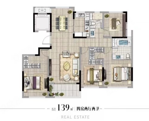 元垄华著高层139㎡户型，元垄华著4室2厅2卫1厨约139.00平米户型图，朝南朝向 - 绍兴安居客