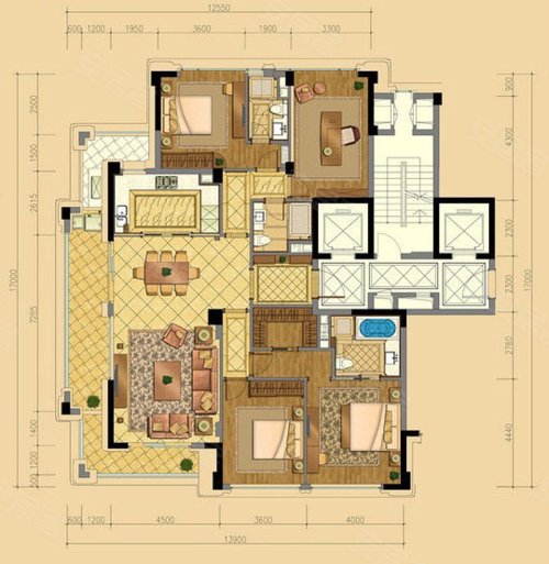 富春和园D户型,富春和园4室2厅3卫0厨约213.00平米户型图,朝南北朝向 - 杭州安居客